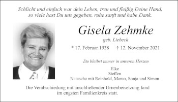 Traueranzeige von Gisela Zehmke von Allgäuer Zeitung, Marktoberdorf