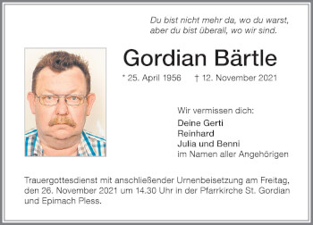 Traueranzeige von Gordian Bärtle von Memminger Zeitung