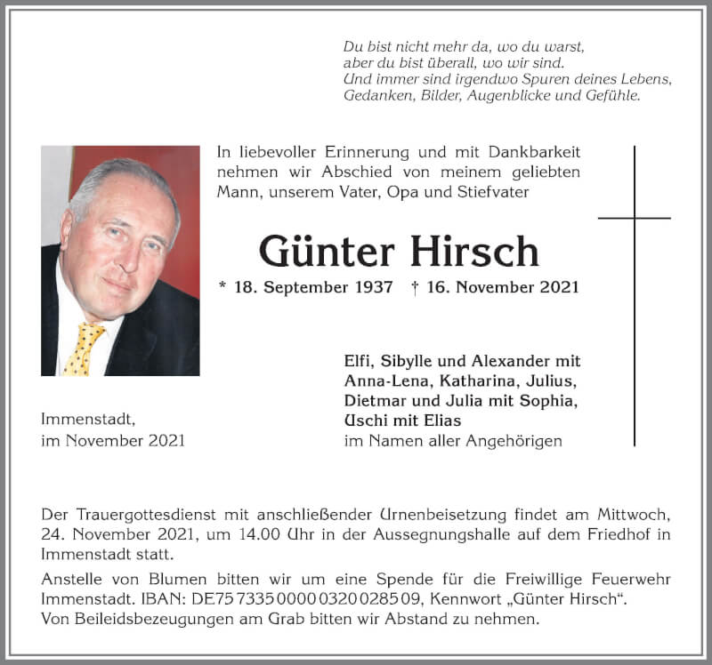  Traueranzeige für Günter Hirsch vom 20.11.2021 aus Allgäuer Anzeigeblatt