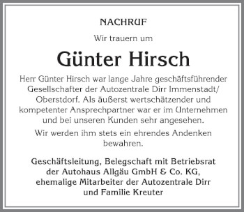 Traueranzeige von Günter Hirsch von Allgäuer Anzeigeblatt