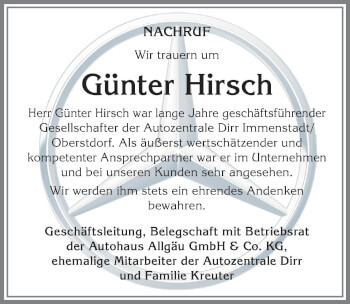 Traueranzeige von Günter Hirsch von Allgäuer Zeitung,Kempten