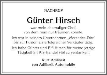 Traueranzeige von Günter Hirsch von Allgäuer Anzeigeblatt