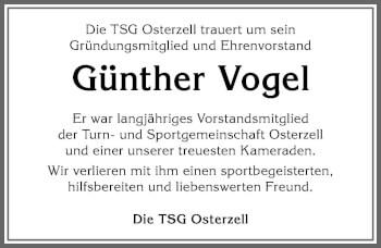 Traueranzeige von Günther Vogel von Allgäuer Zeitung, Kaufbeuren/Buchloe