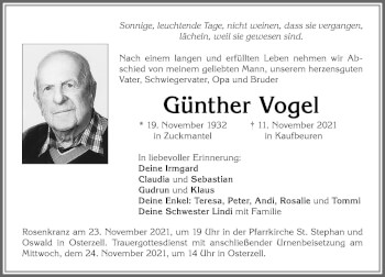 Traueranzeige von Günther Vogel von Allgäuer Zeitung, Kaufbeuren/Buchloe