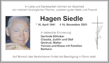 Traueranzeige von Hagen Siedle von Allgäuer Zeitung, Kaufbeuren/Buchloe
