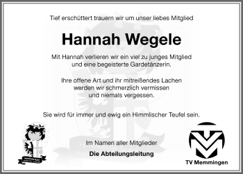 Traueranzeige von Hannah Wegele von Memminger Zeitung