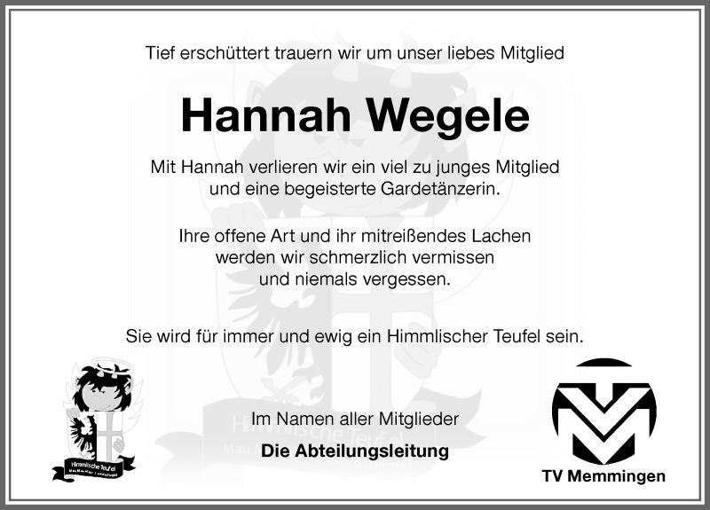  Traueranzeige für Hannah Wegele vom 27.11.2021 aus Memminger Zeitung