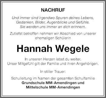 Traueranzeige von Hannah Wegele von Memminger Zeitung