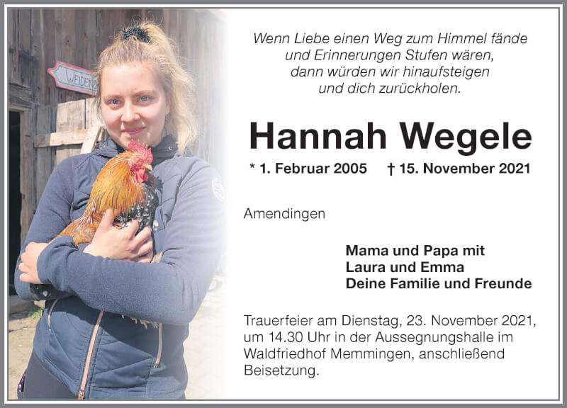  Traueranzeige für Hannah Wegele vom 20.11.2021 aus Memminger Zeitung