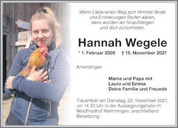 Traueranzeige von Hannah Wegele von Memminger Zeitung
