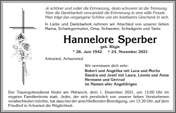 Traueranzeige von Hannelore Sperber von Memminger Zeitung
