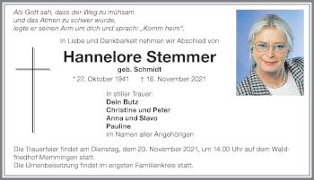 Traueranzeige von Hannelore Stemmer von Memminger Zeitung