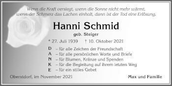 Traueranzeige von HAnni Schmid von Allgäuer Anzeigeblatt