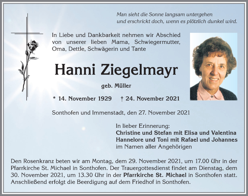  Traueranzeige für Hanni Ziegelmayr vom 27.11.2021 aus Allgäuer Anzeigeblatt