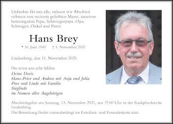 Traueranzeige von Hans Brey von Der Westallgäuer
