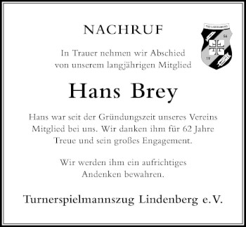 Traueranzeige von Hans Brey von Der Westallgäuer