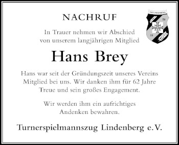 Traueranzeige von Hans Brey von Der Westallgäuer