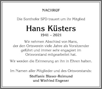 Traueranzeige von Hans Küsters von Allgäuer Anzeigeblatt