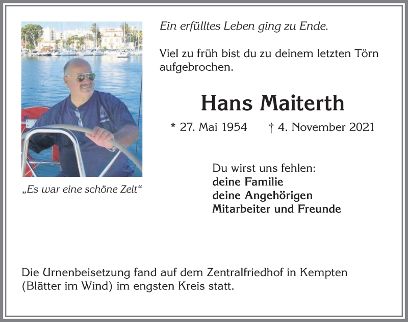  Traueranzeige für Hans Maiterth vom 27.11.2021 aus Allgäuer Zeitung,Kempten