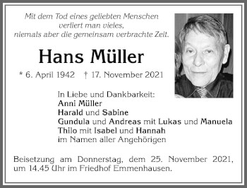 Traueranzeige von Hans Müller von Allgäuer Zeitung, Kaufbeuren/Buchloe