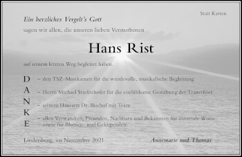 Traueranzeige von Hans Rist von Der Westallgäuer