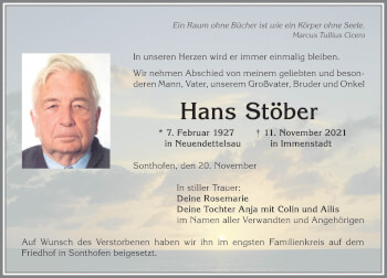 Traueranzeige von Hans Stöber von Allgäuer Anzeigeblatt