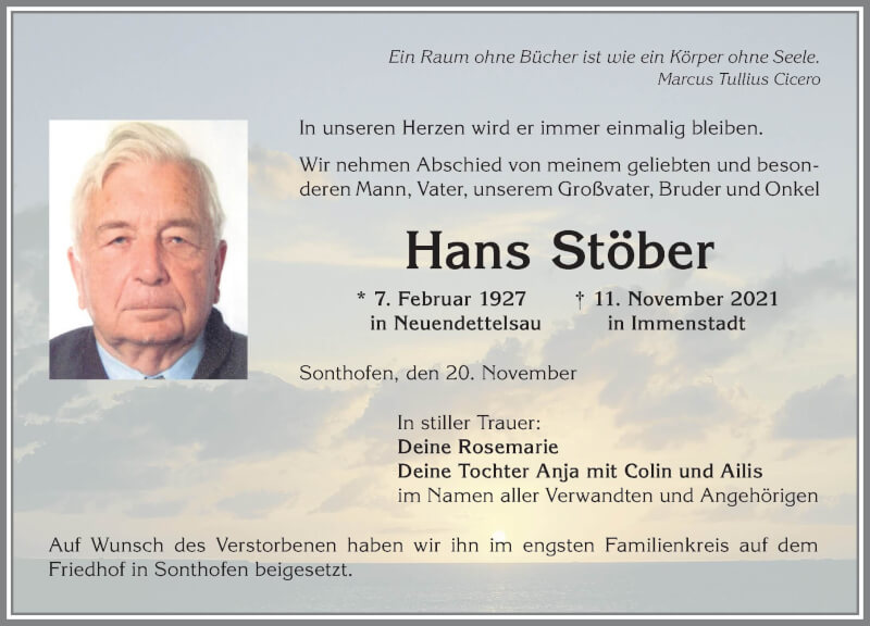  Traueranzeige für Hans Stöber vom 20.11.2021 aus Allgäuer Anzeigeblatt