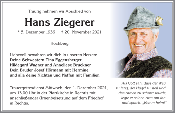 Traueranzeige von Hans Ziegerer von Allgäuer Zeitung,Kempten