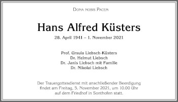 Traueranzeige von Hans Alfred Küsters von Allgäuer Anzeigeblatt