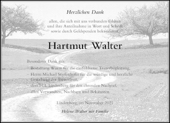 Traueranzeige von Hartmut Walter von Der Westallgäuer