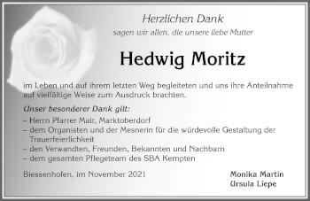Traueranzeige von Hedwig Moritz von Allgäuer Zeitung