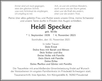 Traueranzeige von Heidi Specker von Allgäuer Anzeigeblatt