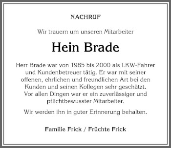 Traueranzeige von Hein Brade von Allgäuer Anzeigeblatt