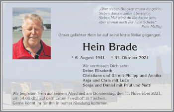 Traueranzeige von Hein Brade von Allgäuer Anzeigeblatt