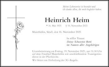 Traueranzeige von Heinrich Heim von Der Westallgäuer