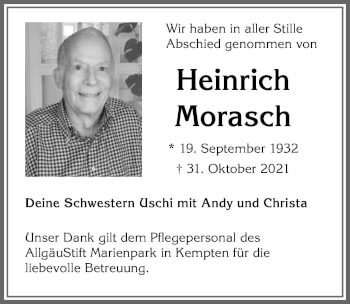 Traueranzeige von Heinrich Morasch von Allgäuer Zeitung,Kempten