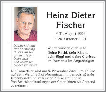 Traueranzeige von Heinz Dieter Fischer von Memminger Zeitung