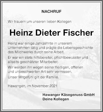 Traueranzeige von Heinz Dieter Fischer von Memminger Zeitung