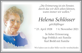 Traueranzeige von Helena Schlösser von Allgäuer Zeitung, Füssen