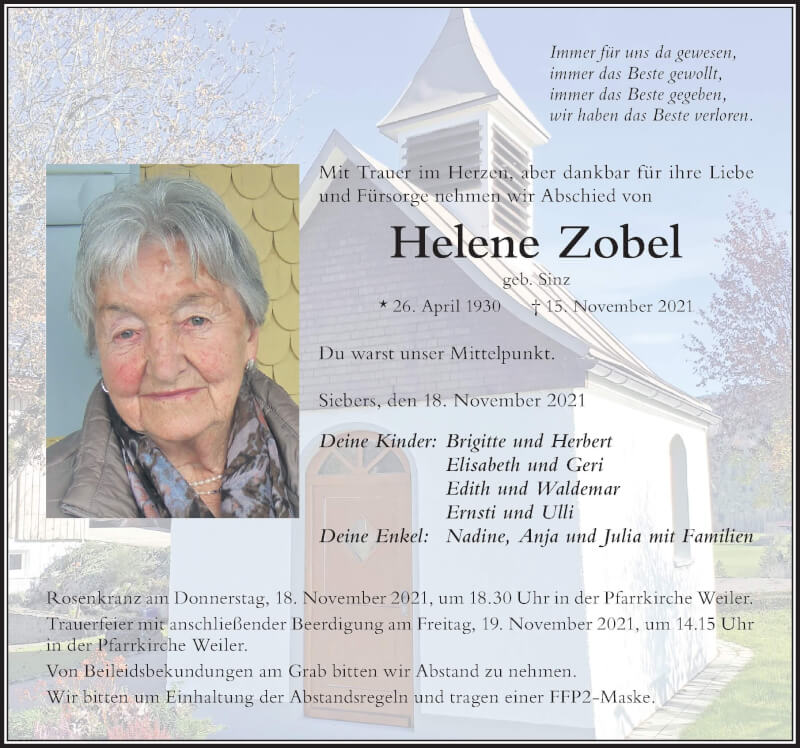  Traueranzeige für Helene Zobel vom 18.11.2021 aus Der Westallgäuer