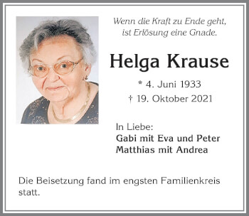Traueranzeige von Helga Krause von Allgäuer Zeitung, Kaufbeuren/Buchloe