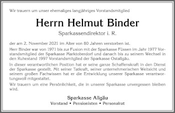 Traueranzeige von Helmut Binder von Allgäuer Zeitung