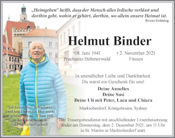 Traueranzeige von Helmut Binder von Allgäuer Zeitung, Marktoberdorf