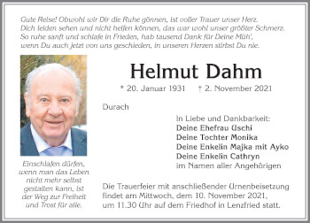 Traueranzeige von Helmut Dahm von Allgäuer Zeitung,Kempten
