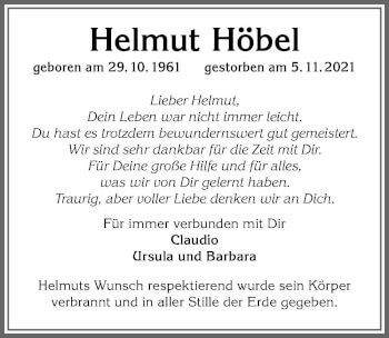 Traueranzeige von Helmut Höbel von Allgäuer Zeitung,Kempten