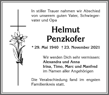 Traueranzeige von Helmut Penzkofer von Allgäuer Anzeigeblatt