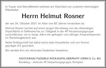 Traueranzeige von Helmut Rosner von Allgäuer Zeitung,Kempten