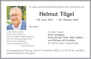 Traueranzeige von Helmut Tögel von Allgäuer Zeitung,Kempten