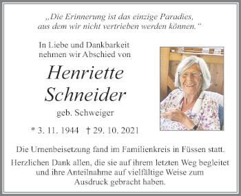 Traueranzeige von Henriette Schneider von Allgäuer Zeitung, Füssen