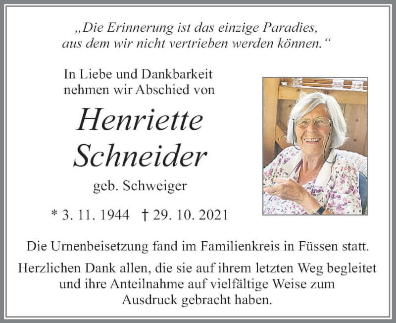  Traueranzeige für Henriette Schneider vom 13.11.2021 aus Allgäuer Zeitung, Füssen